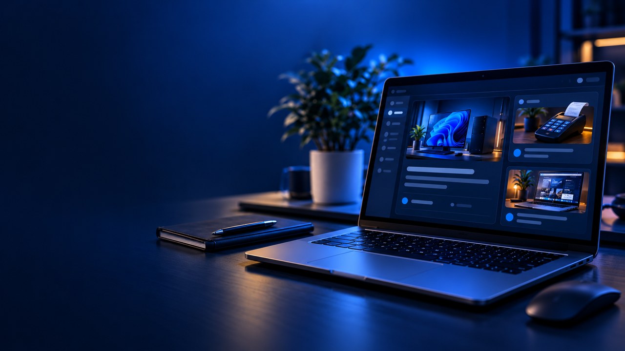 Laptop z panelem artykułów AdeeSoft na granatowym biurku